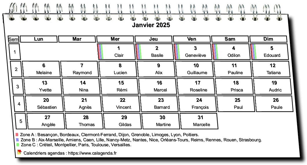 Calendrier mensuel 2025 à spirales