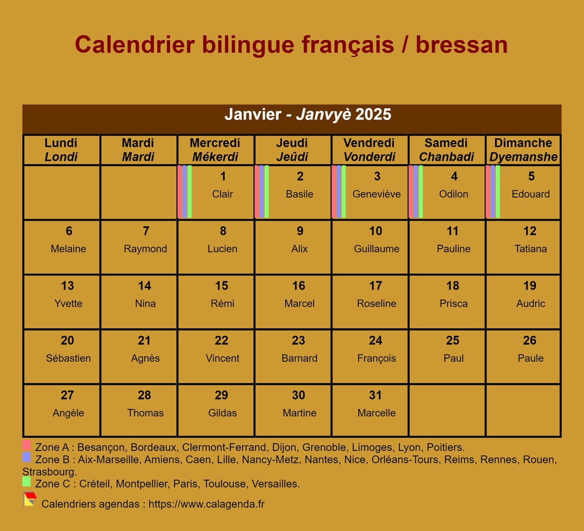 Calendrier mensuel 2025 en patois bressan Calendrier mensuel 2025 en patois bressan