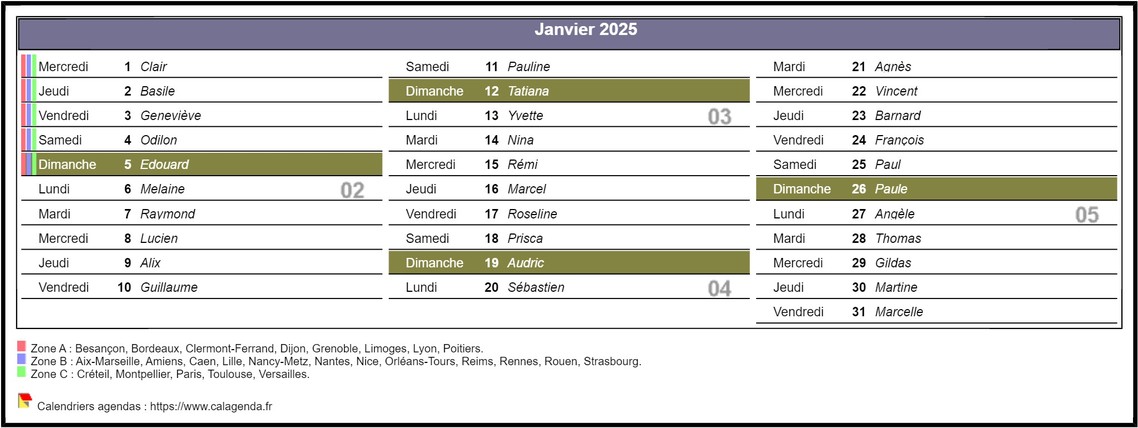 Calendrier mensuel 2025 en décades Calendrier mensuel 2025 en décades