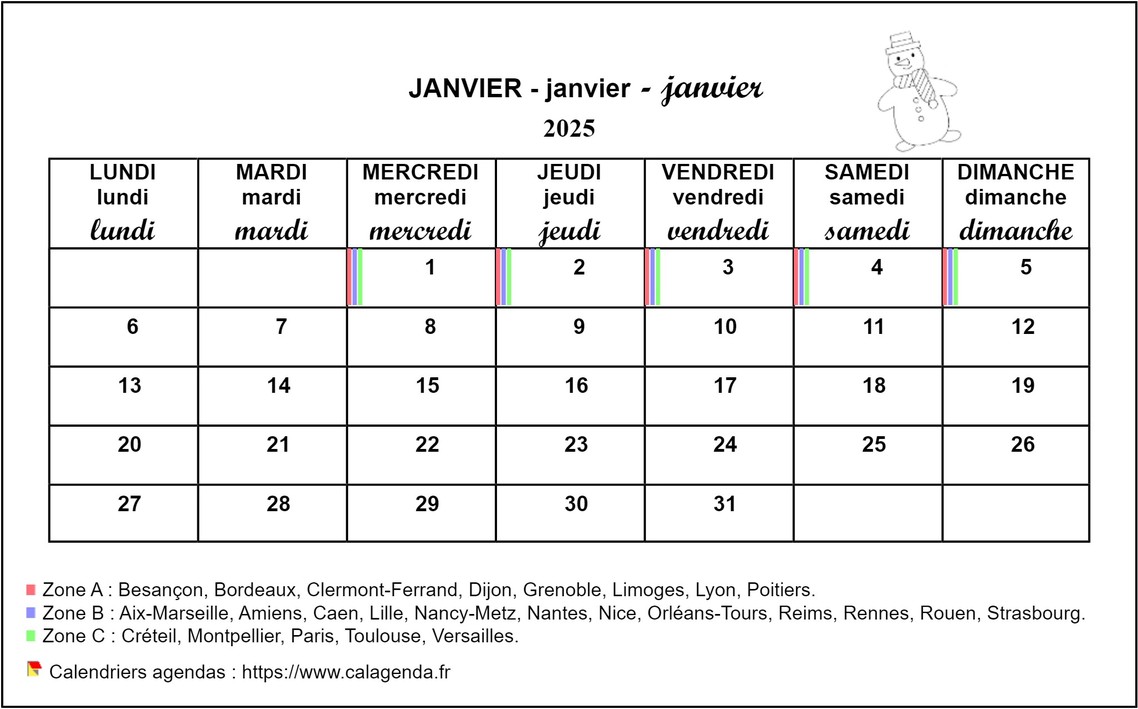 Calendrier mensuel 2025 école primaire et maternelle Calendrier mensuel 2025 école primaire et maternelle
