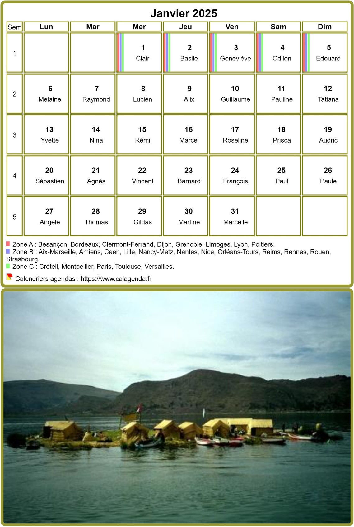 Calendrier mensuel 2025, tableau avec photo