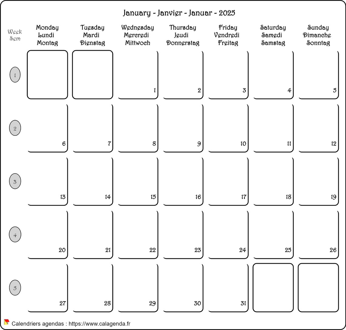 Calendrier mensuel 2025 français / anglais / allemand. Calendrier mensuel 2025 français / anglais / allemand.