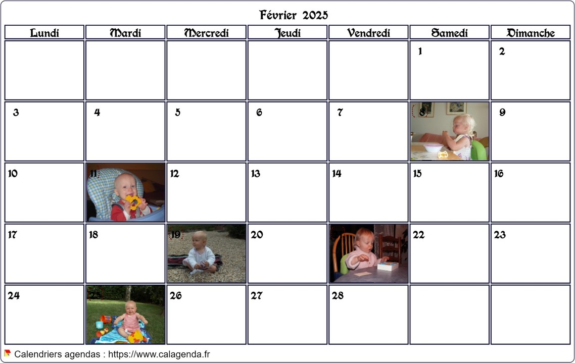 Calendrier mensuel 2025 avec photos d'anniversaires dans les cases Calendrier mensuel 2025 avec photos d'anniversaires dans les cases