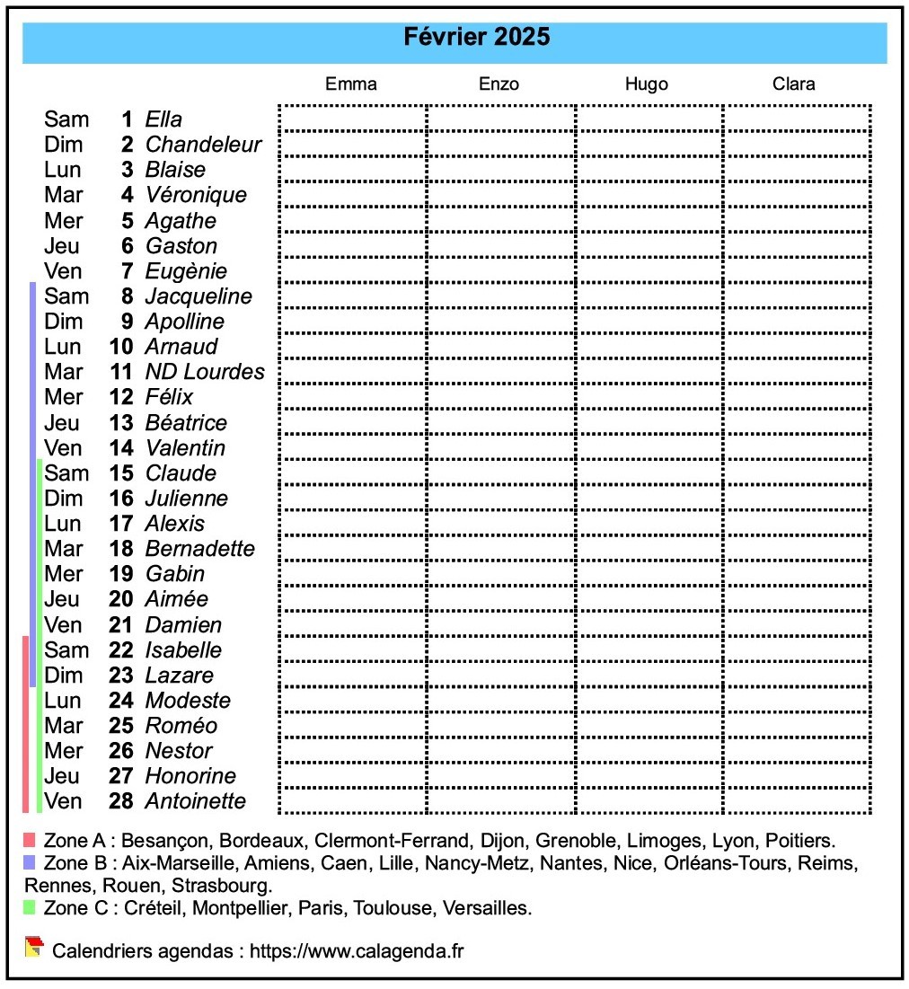 Calendrier planning mensuel 2025 avec colonnes Calendrier planning mensuel 2025 avec colonnes