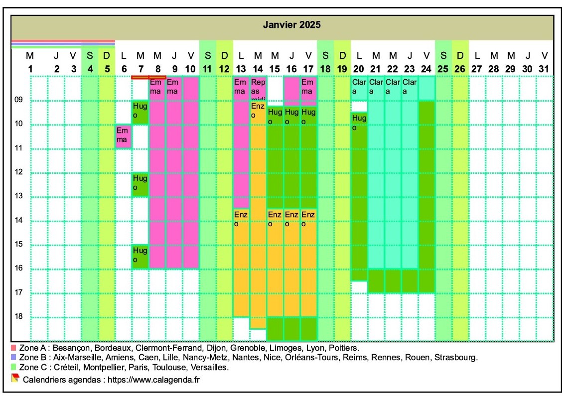 Calendrier planning horizontal mensuel avec la grille des horaires Calendrier planning horizontal mensuel avec la grille des horaires