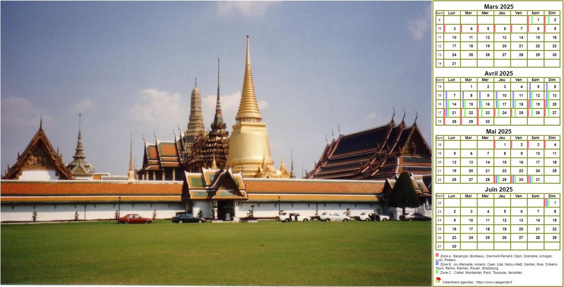 Calendrier 2025 à imprimer de quatre mois, format paysage, un tableau par mois, à droite d'une photo