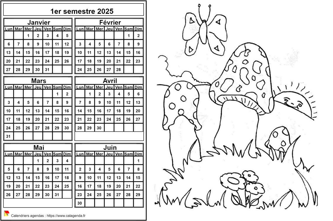 Calendrier 2025 à colorier semestriel, format paysage, pour enfants
