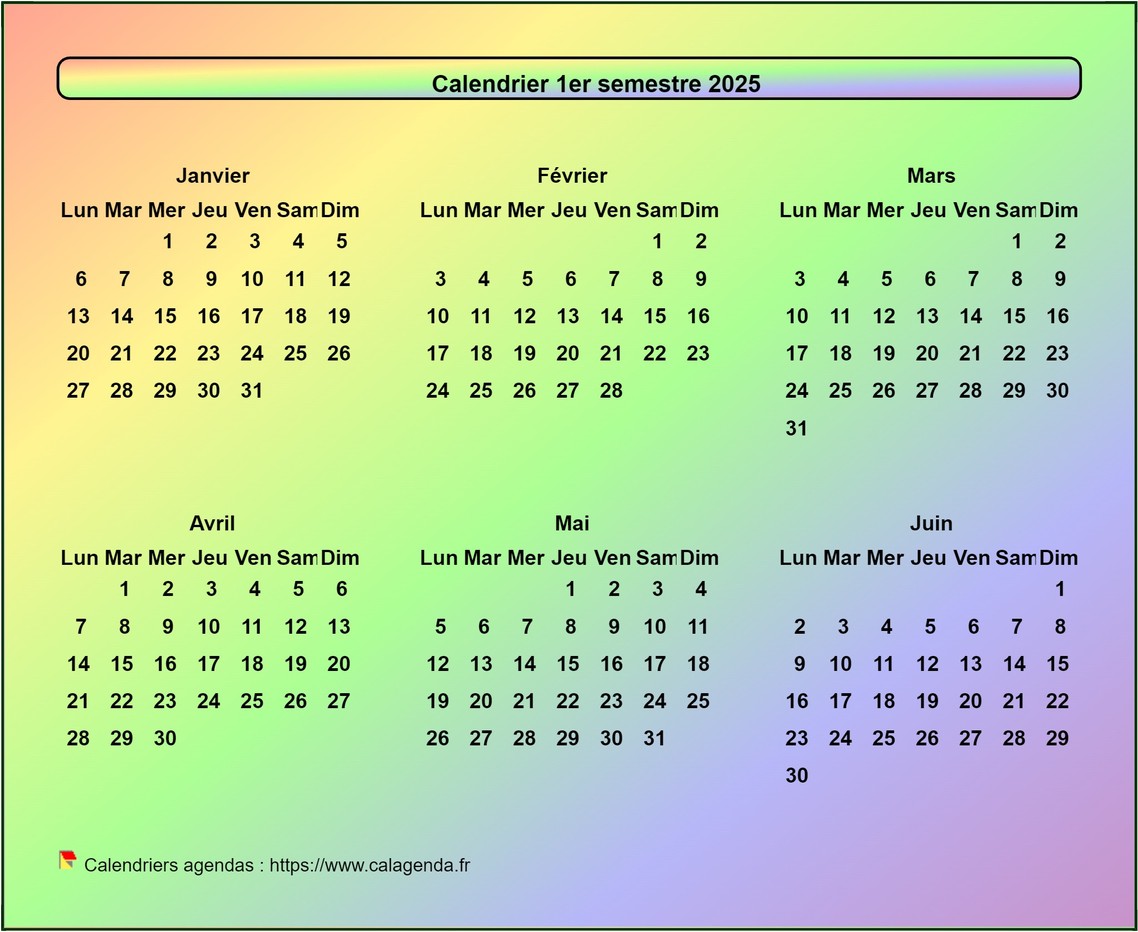 Calendrier 2025 semestriel style arc en ciel Calendrier 2025 semestriel style arc en ciel