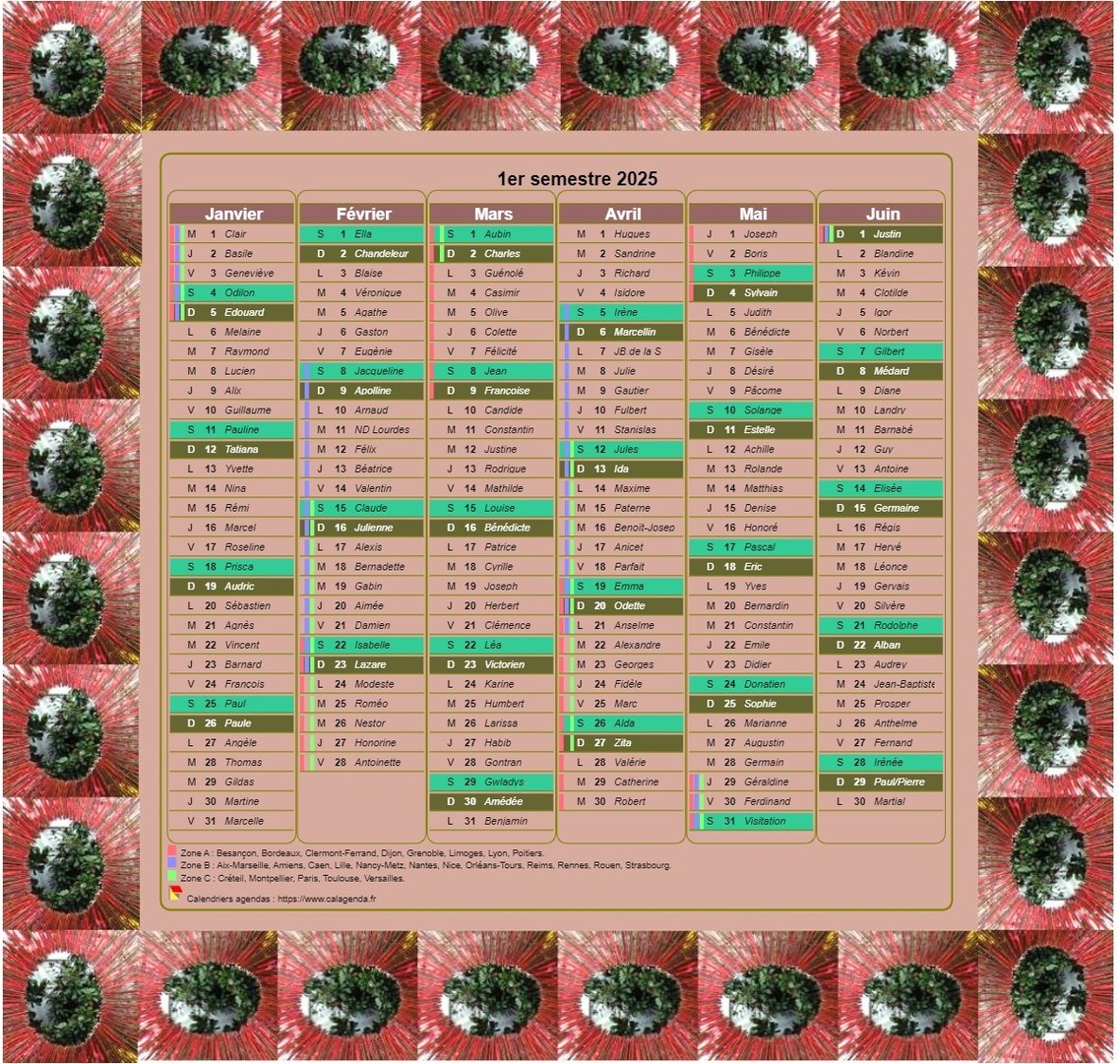 Calendrier 2025 semestriel décoratif à imprimer, avec cadre photo, format portrait, une colonne par mois Calendrier 2025 semestriel décoratif à imprimer, avec cadre photo, format portrait, une colonne par mois