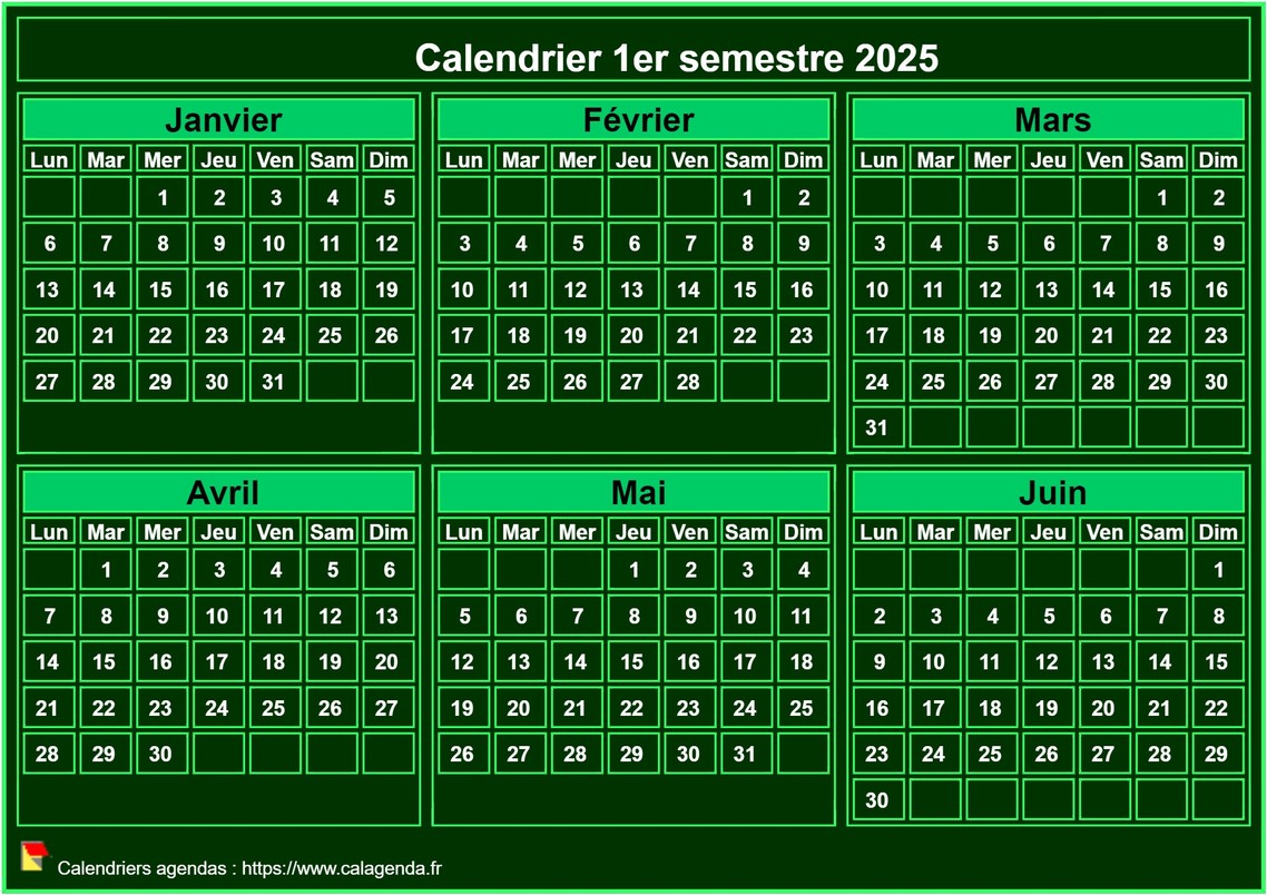 Calendrier 2025 à imprimer, semestriel, format mini de poche, fond vert Calendrier 2025 à imprimer, semestriel, format mini de poche, fond vert