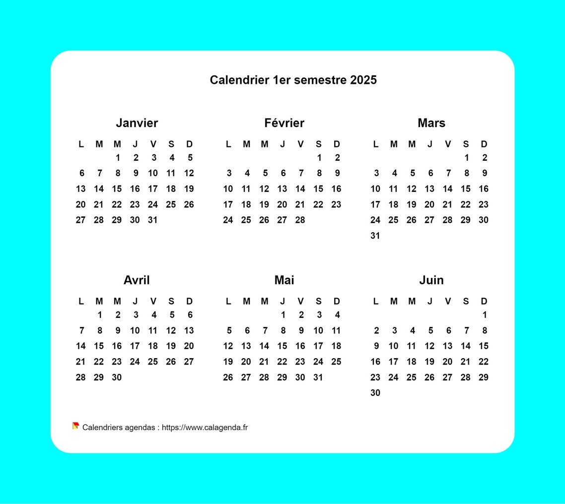 Calendrier 2025 semestriel avec bordure