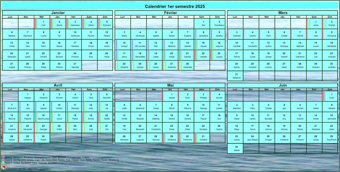 Calendrier 2025 à imprimer semestriel, format portrait, avec photo en fond de calendrier