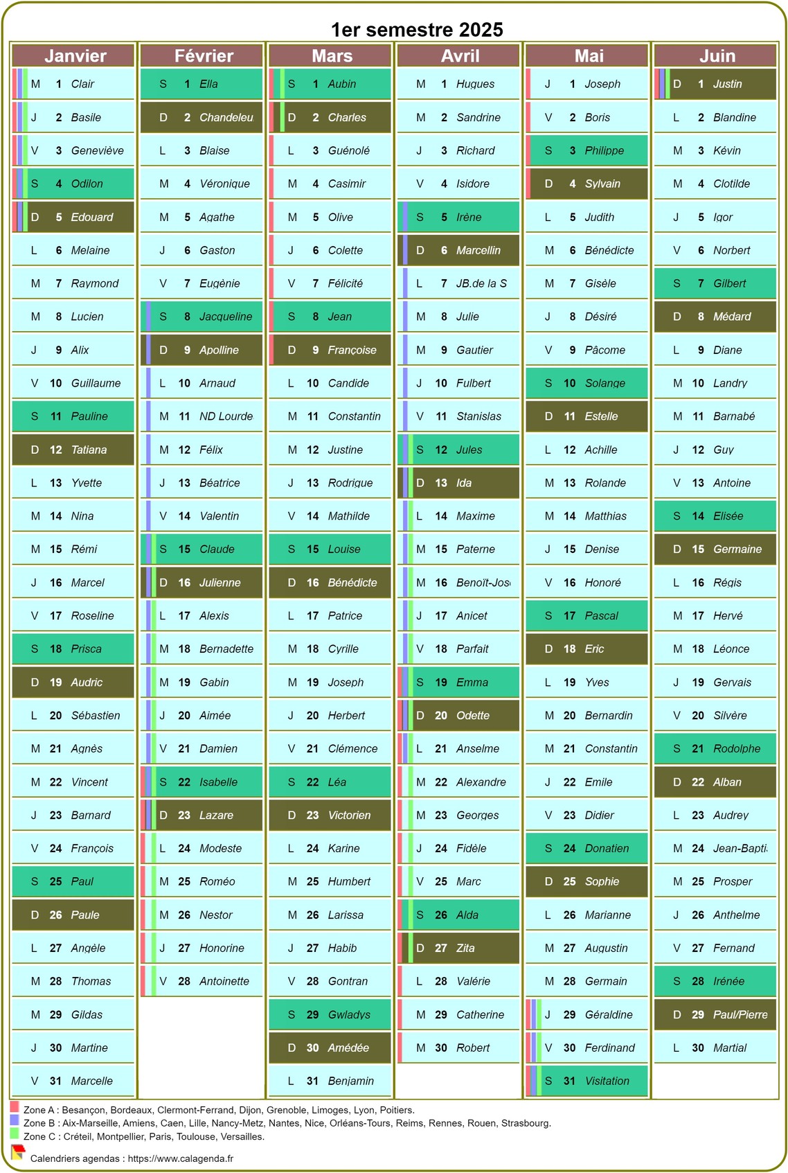 Modèle par défaut du calendrier agenda semestriel, une colonne par mois