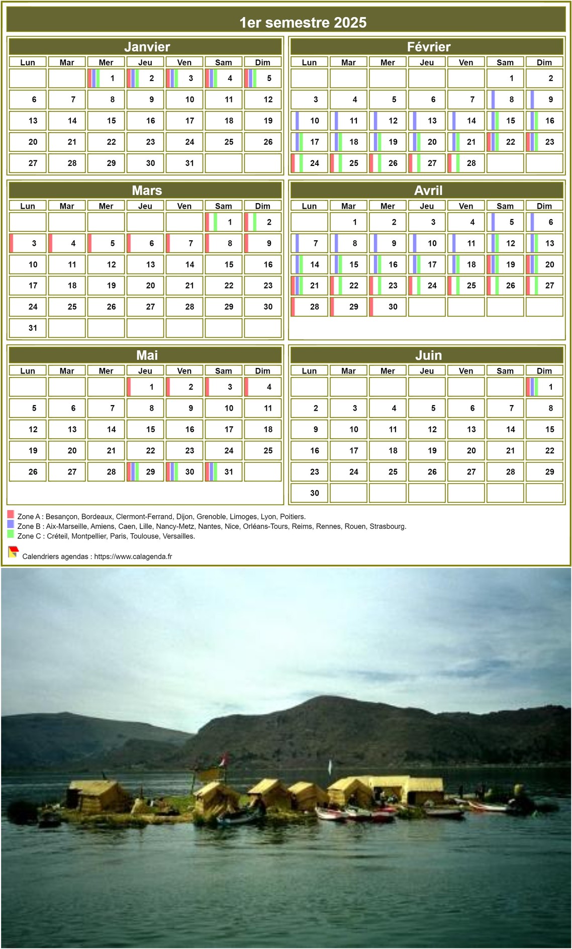 Modèle par défaut du calendrier agenda semestriel, 2 colonnes par 3 lignes