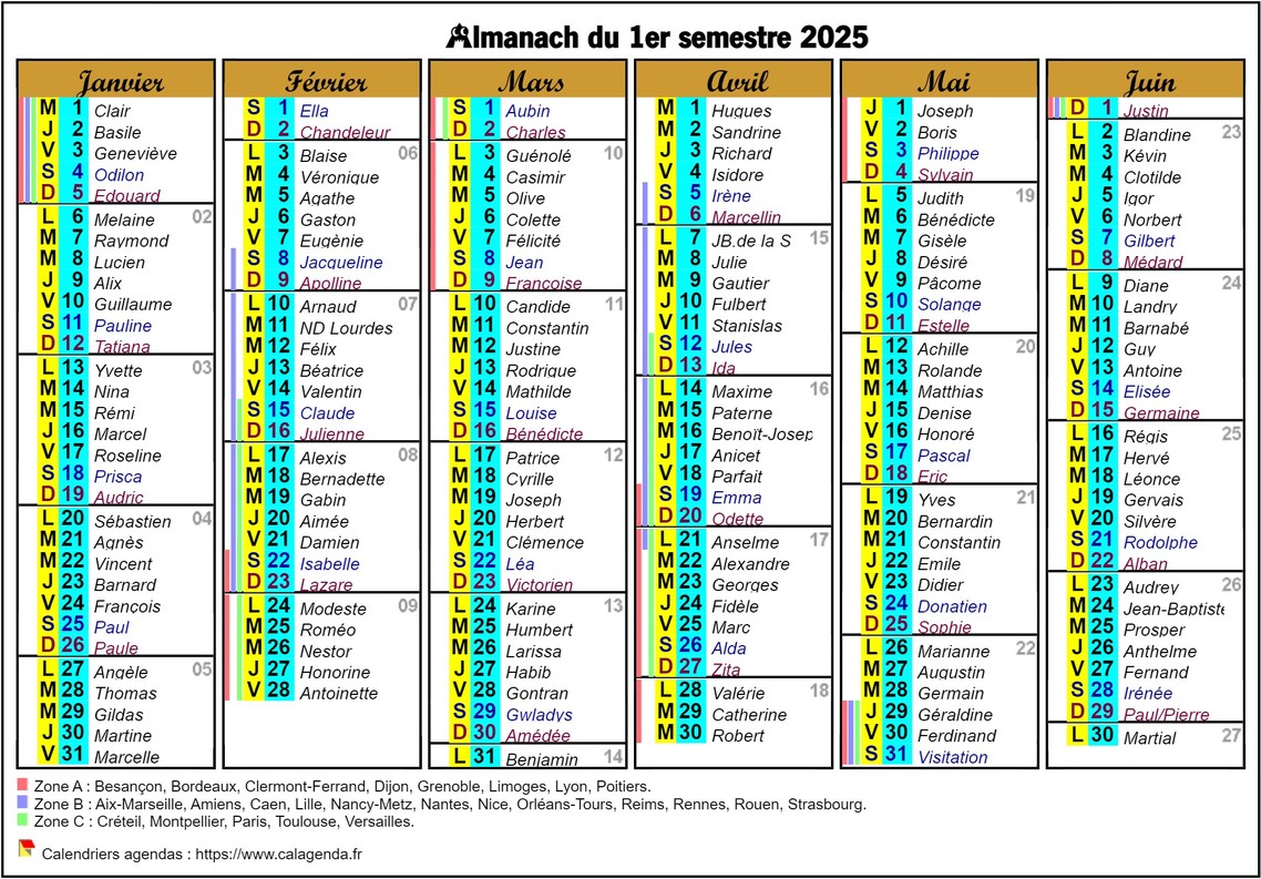 Calendrier 2025 semestriel six colonnes de format paysage