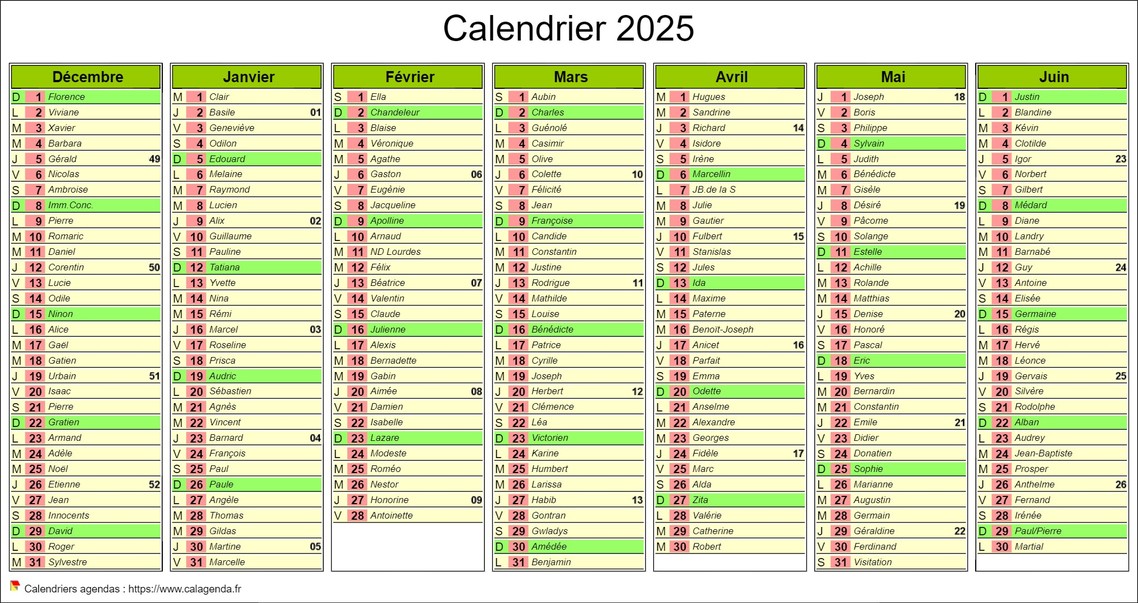 Calendrier 2025 semestriel de sept mois