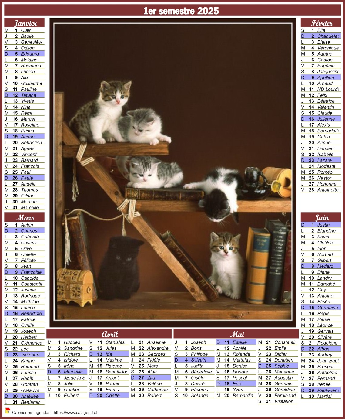 Calendrier 2025 style postes semestriel Calendrier 2025 style postes semestriel