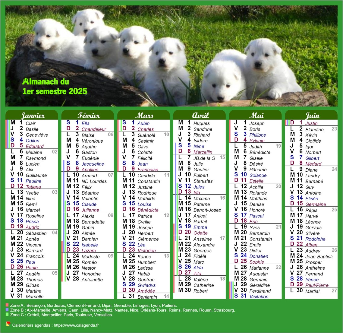 Calendrier 2025 semestriel style calendrier des postes Calendrier 2025 semestriel style calendrier des postes