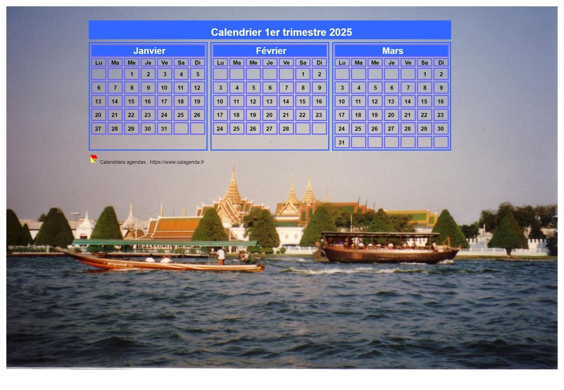 Calendrier 2025 à imprimer trimestriel, format paysage, incrusté sur la partie supérieure d'une photo Calendrier 2025 à imprimer trimestriel, format paysage, incrusté sur la partie supérieure d'une photo