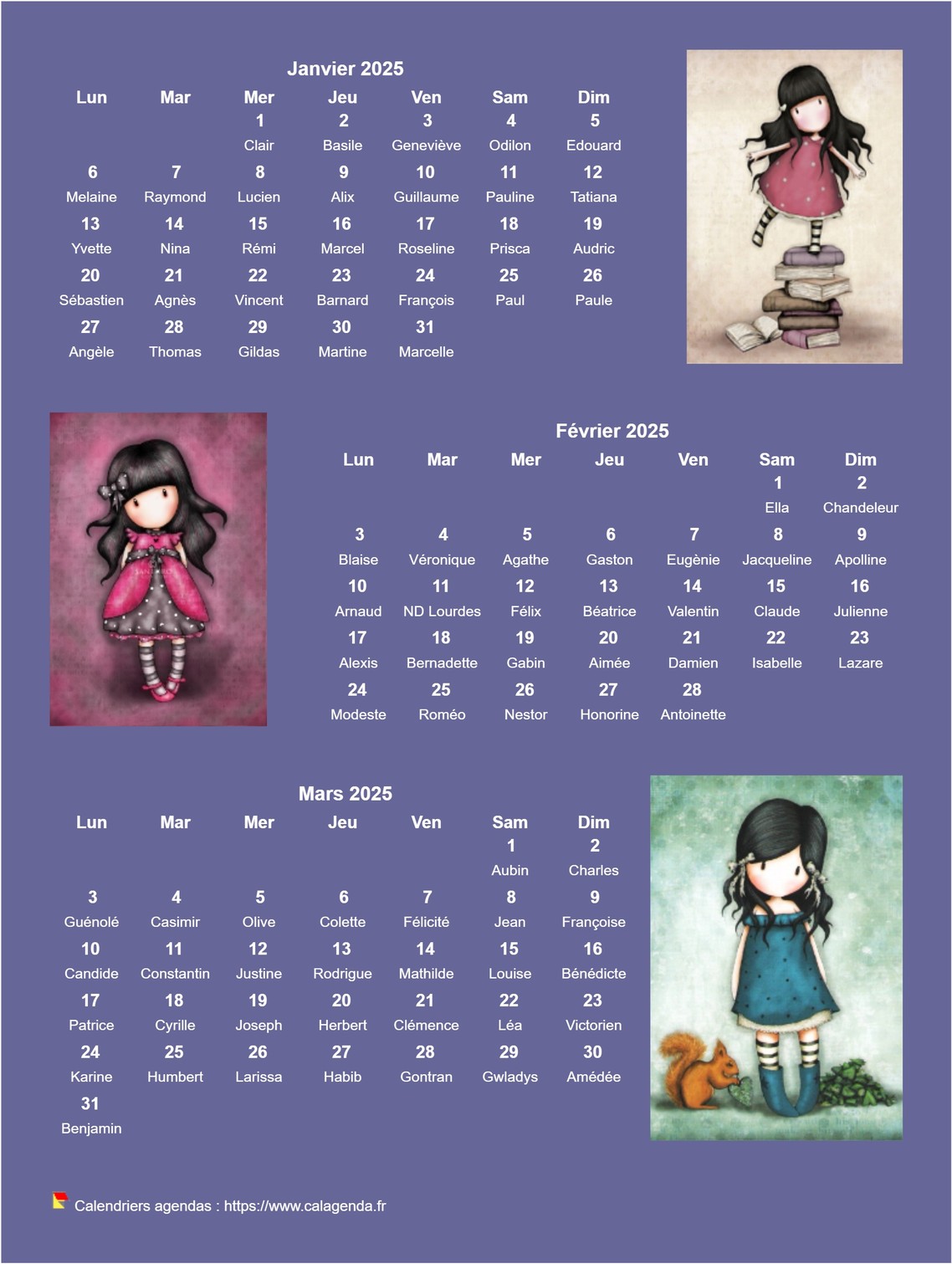 Calendrier 2025 trimestriel Gorjuss