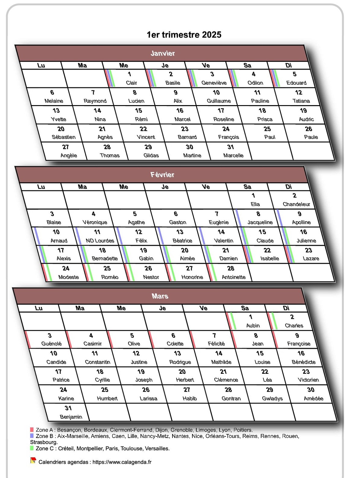 Calendrier 2025 trimestriel 3D