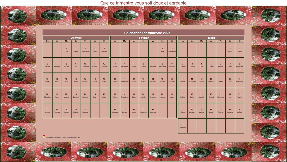 Calendrier 2025 à imprimer décoratif trimestriel, format paysage, avec un cadre photo Calendrier 2025 à imprimer décoratif trimestriel, format paysage, avec un cadre photo