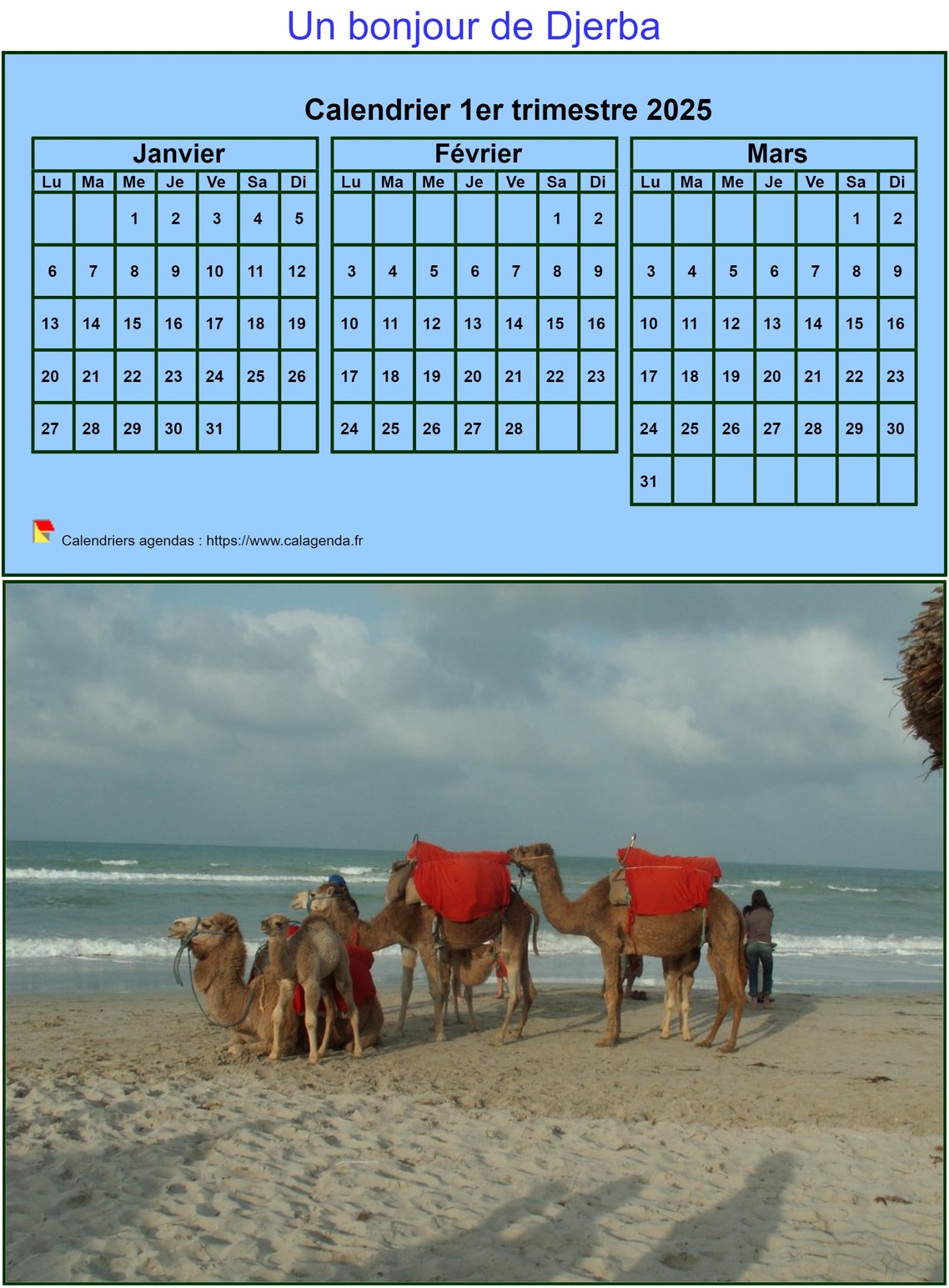 Calendrier 2025 à imprimer trimestriel, format mini, fond bleu, avec photo Calendrier 2025 à imprimer trimestriel, format mini, fond bleu, avec photo