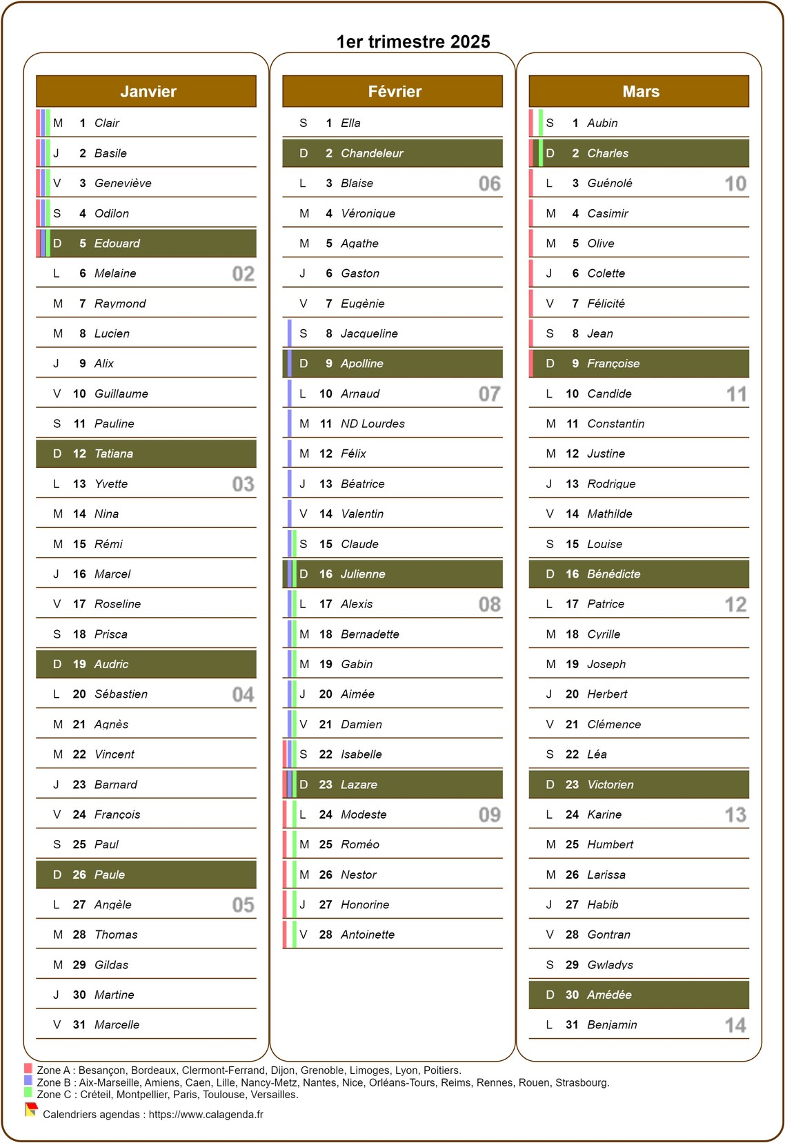 Calendrier 2025 trimestriel avec agenda détaillé, format portrait, une colonne par mois