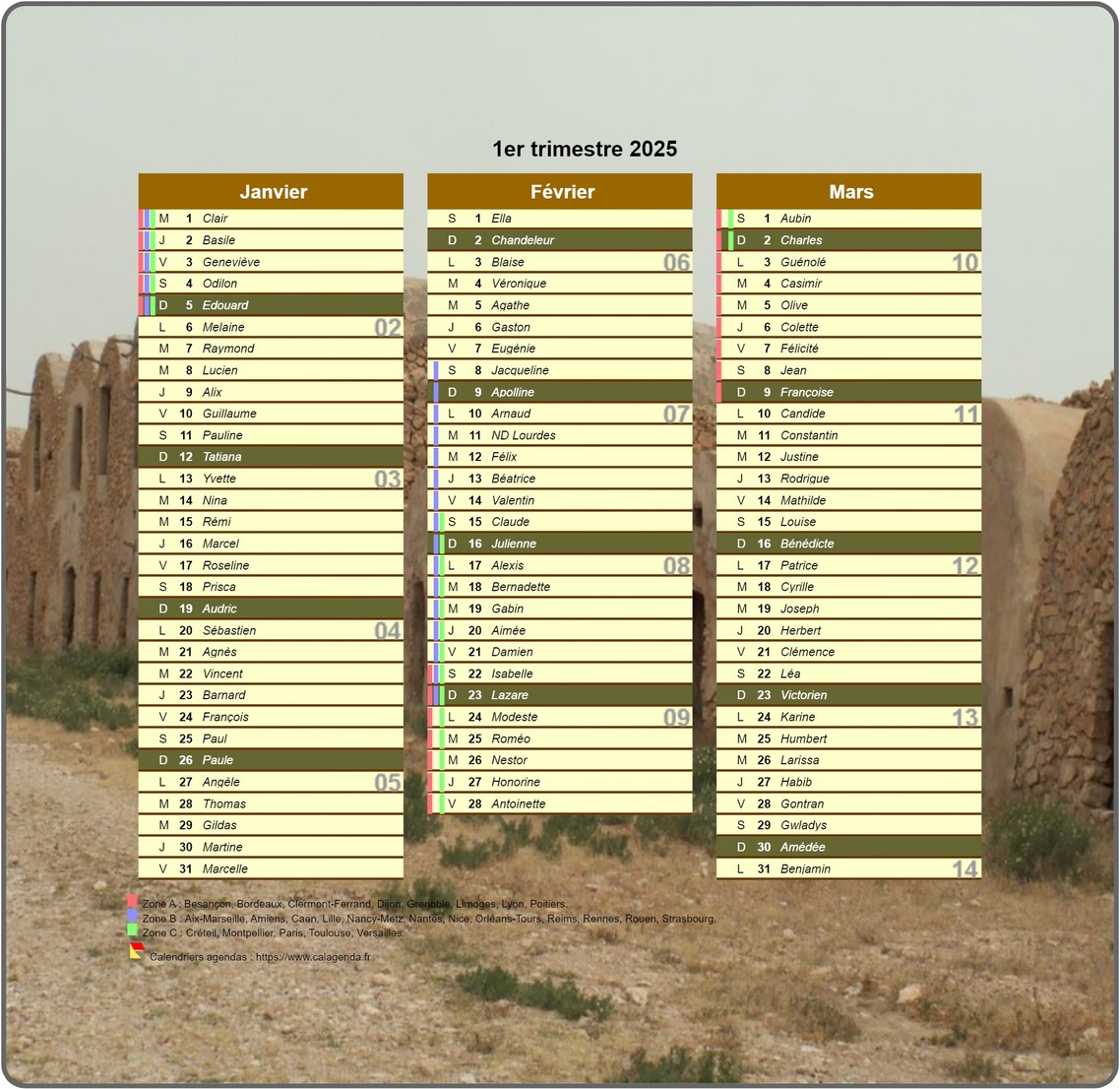 Calendrier 2025 trimestriel décoratif avec photo, format portrait, une colonne par mois