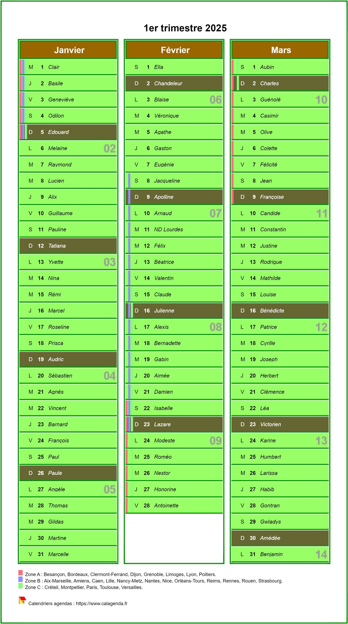 Calendrier 2025 par défaut du calendrier agenda trimestriel civil, une colonne par mois Calendrier 2025 par défaut du calendrier agenda trimestriel civil, une colonne par mois