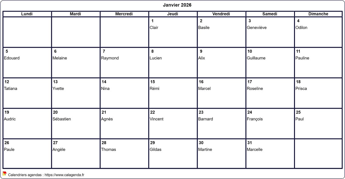 Calendrier janvier 2026 à imprimer vierge, avec les fêtes