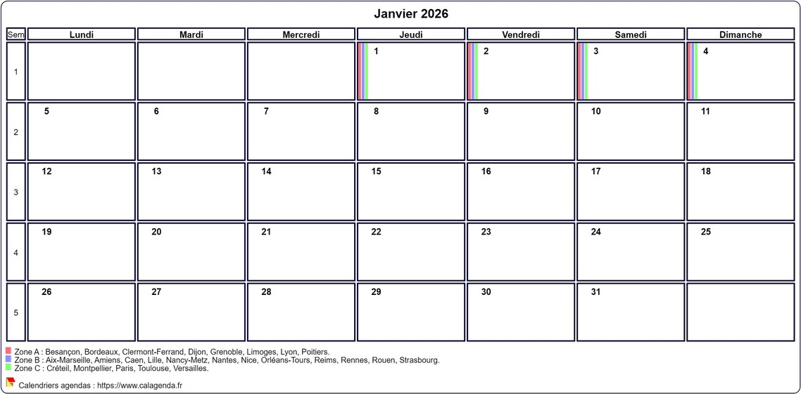 Calendrier janvier 2026 personnalisable avec les vacances scolaires