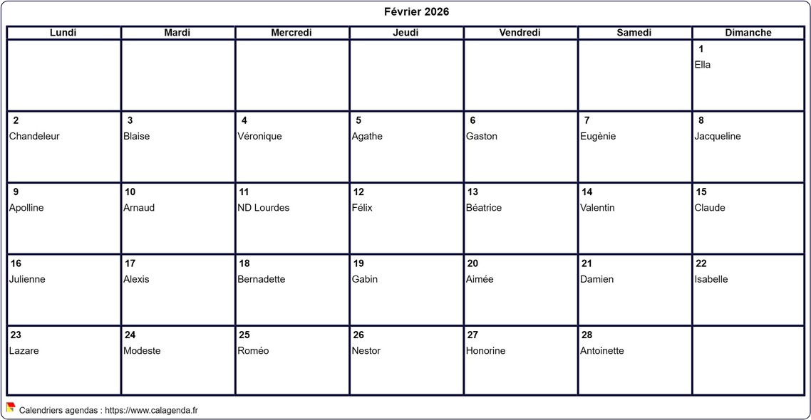 Calendrier février 2026 à imprimer vierge, avec les fêtes