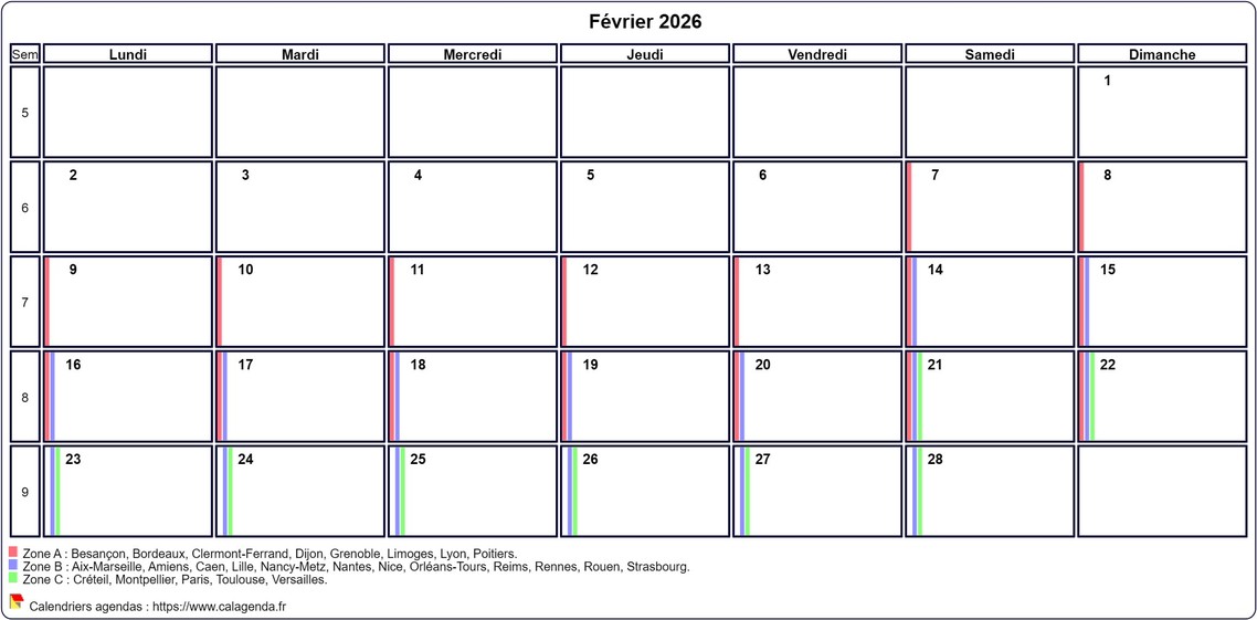 Calendrier février 2026 personnalisable avec les vacances scolaires