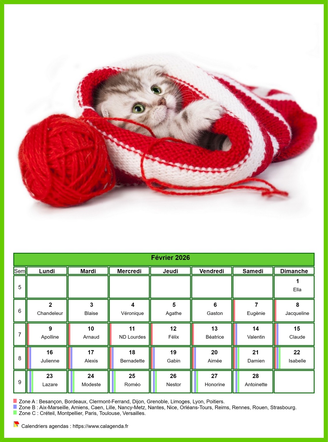 Calendrier février 2026 chats