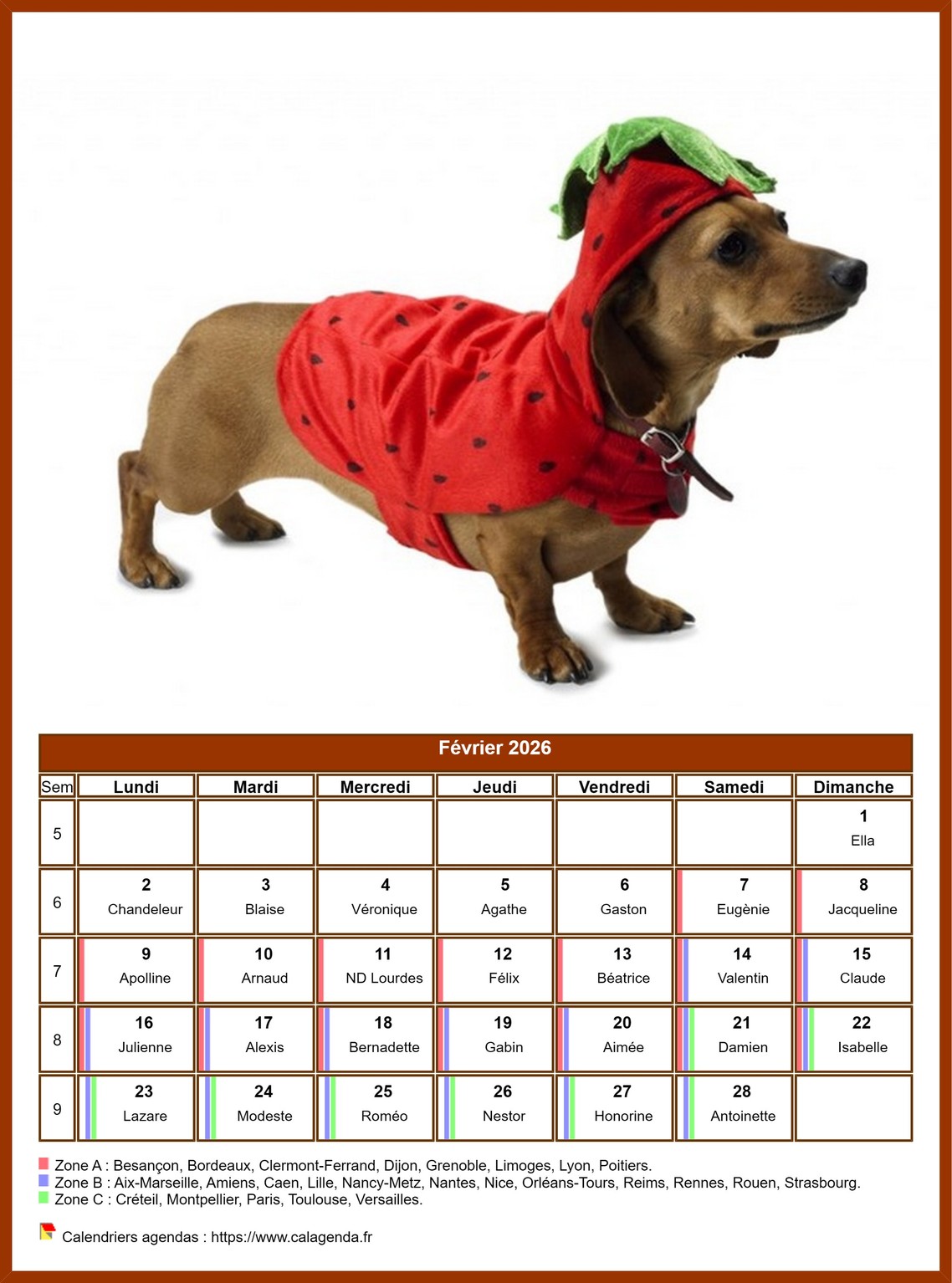 Calendrier février 2026 chiens