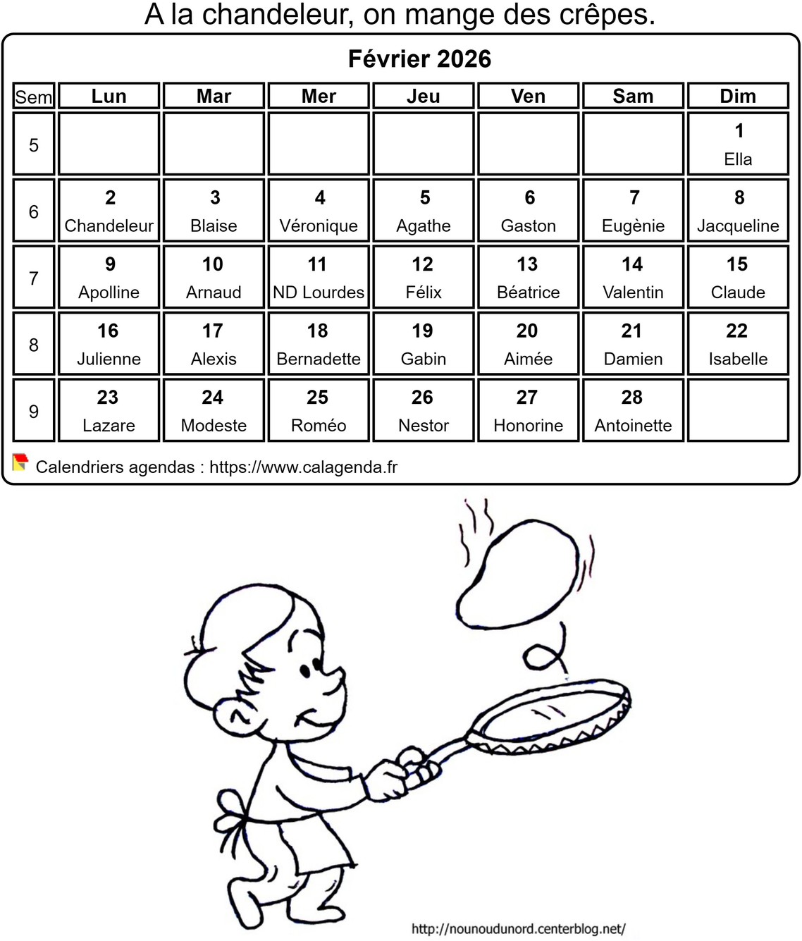 Calendrier 2026 à colorier du mois de février