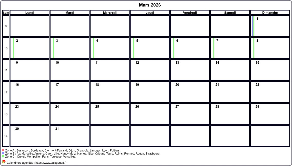 Calendrier mars 2026 personnalisable avec les vacances scolaires