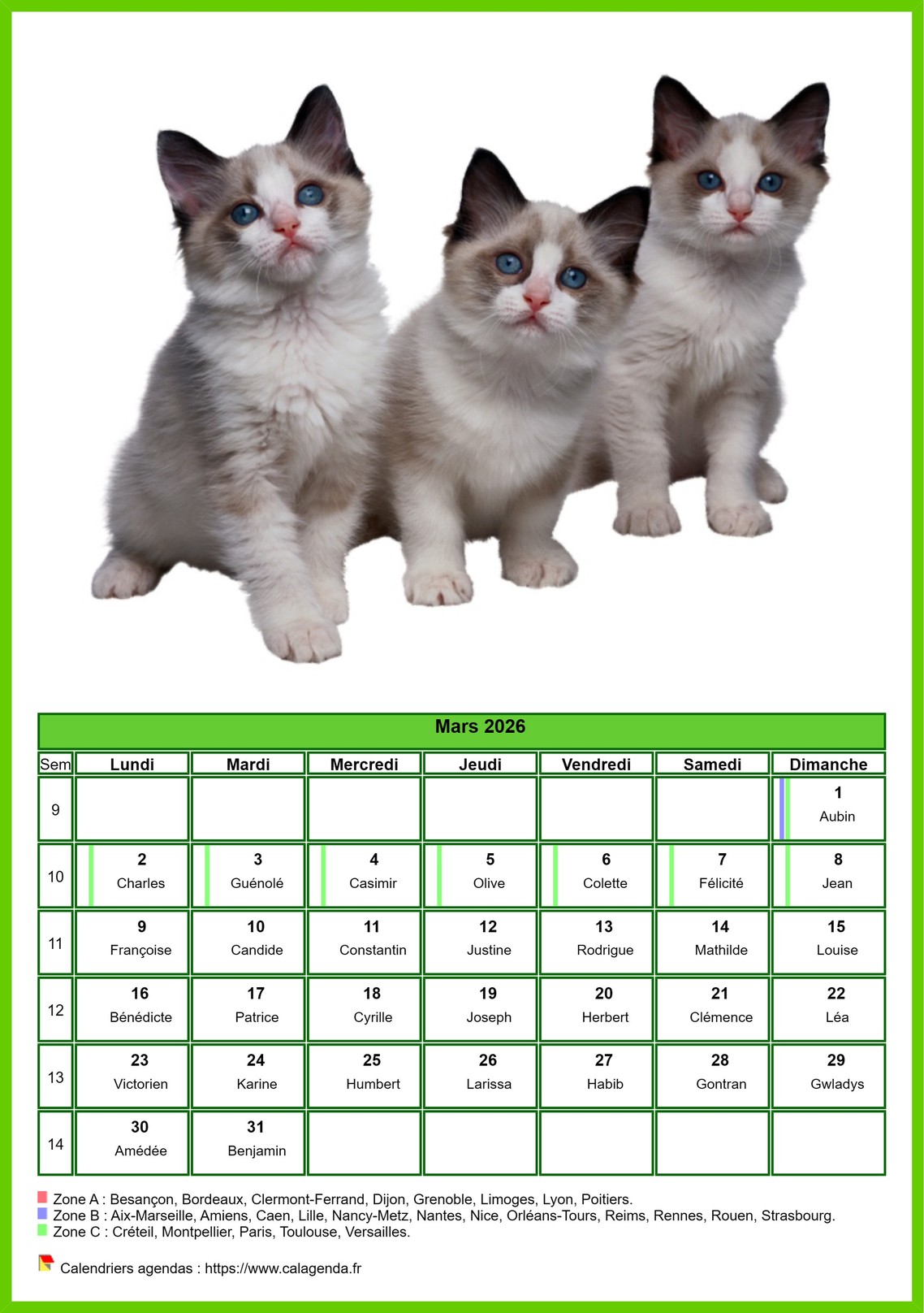 Calendrier mars 2026 chats