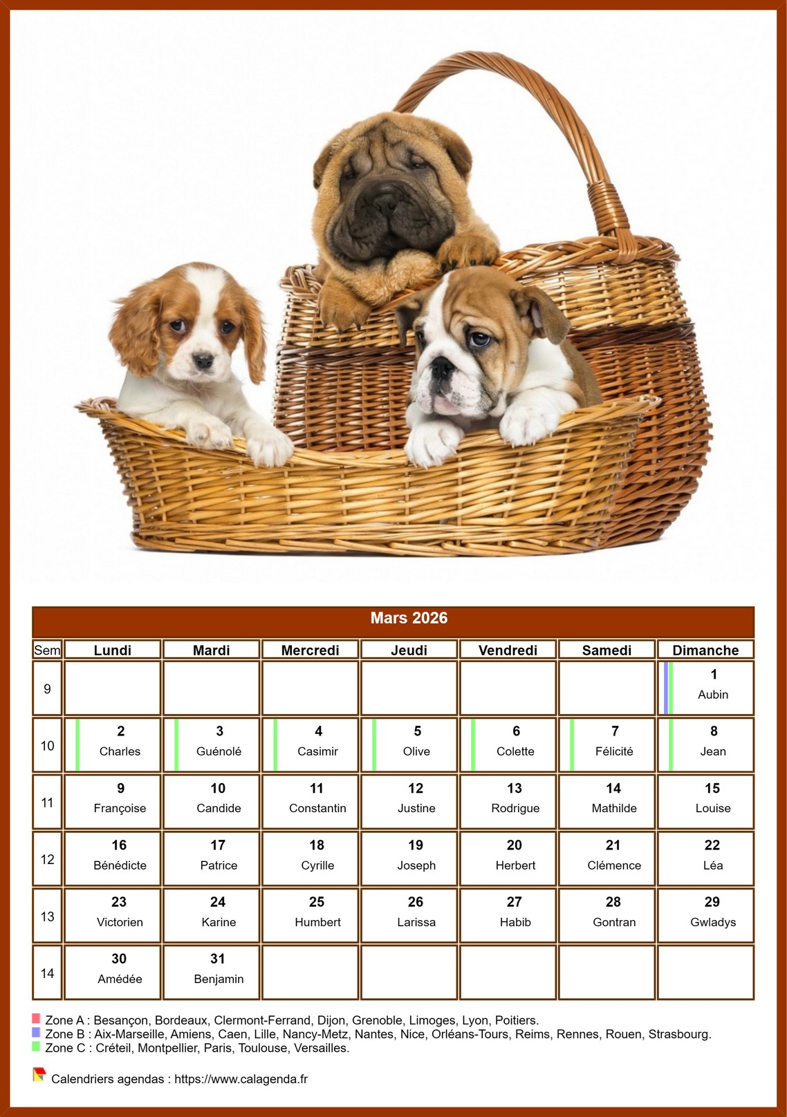 Calendrier mars 2026 chiens
