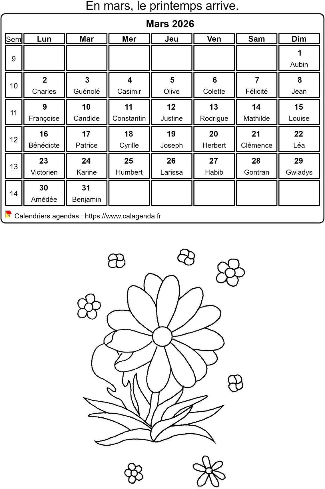 Calendrier 2026 à colorier du mois de mars