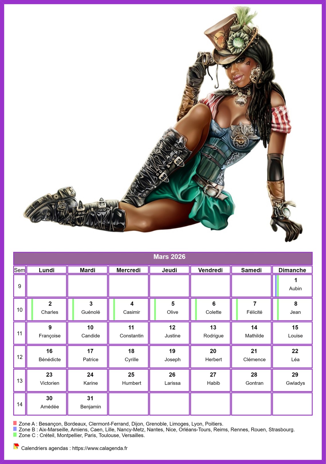 Calendrier mars 2026 femmes