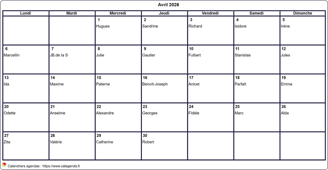 Calendrier avril 2026 à imprimer vierge, avec les fêtes
