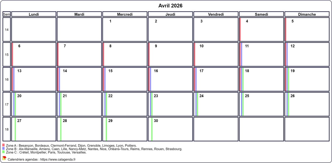 Calendrier avril 2026 personnalisable avec les vacances scolaires