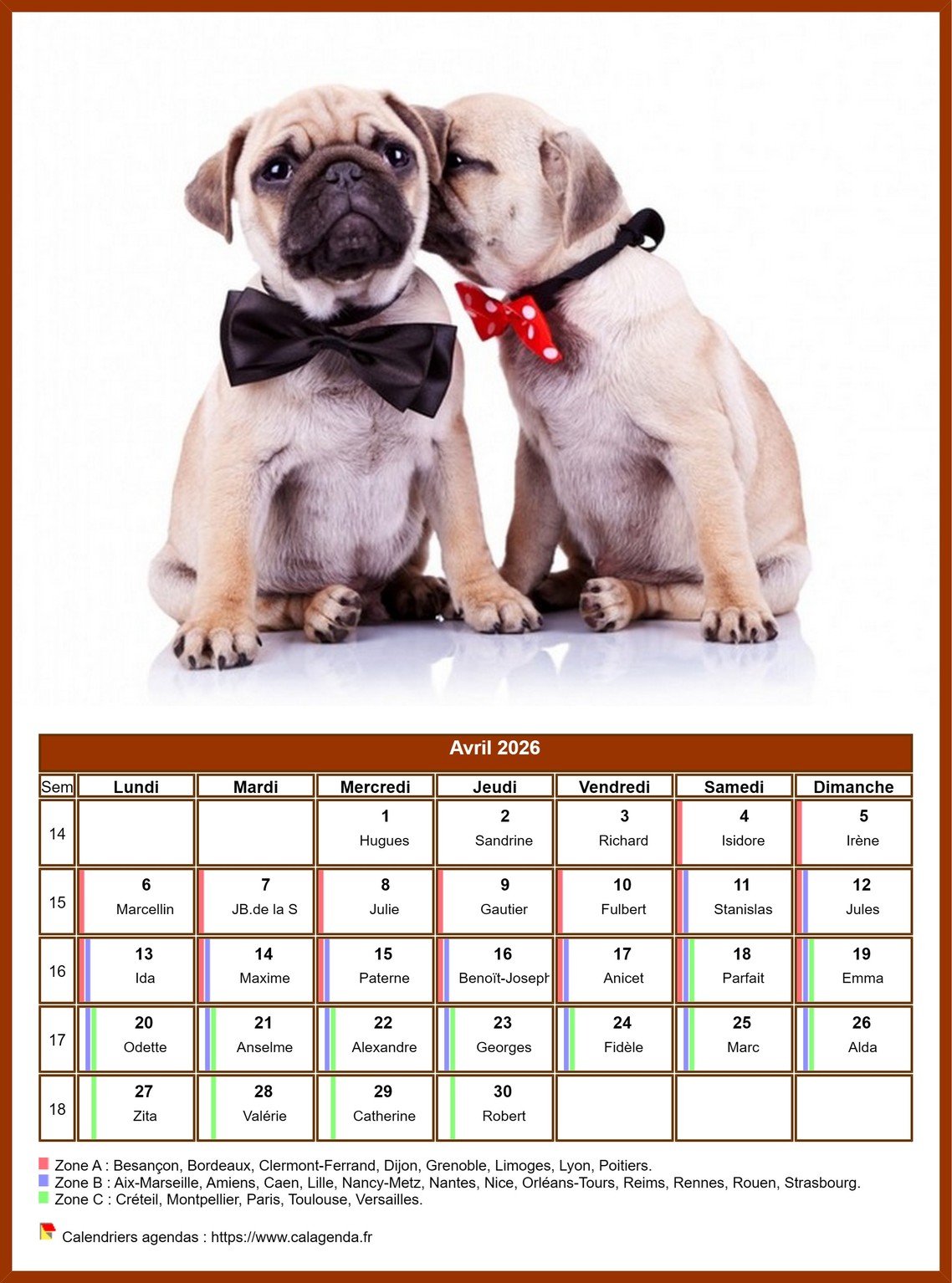 Calendrier avril 2026 chiens