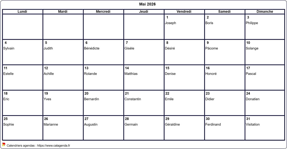 Calendrier mai 2026 à imprimer vierge, avec les fêtes Calendrier mai 2026 à imprimer vierge, avec les fêtes