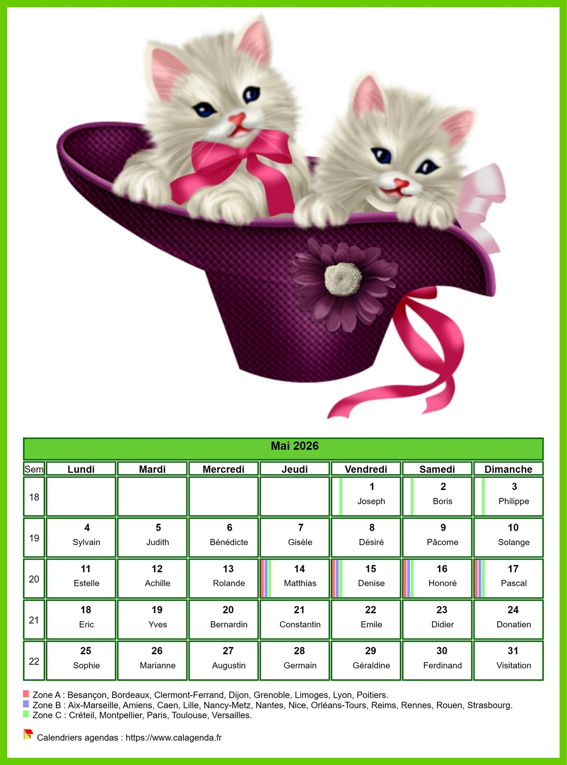Calendrier mai 2026 chats