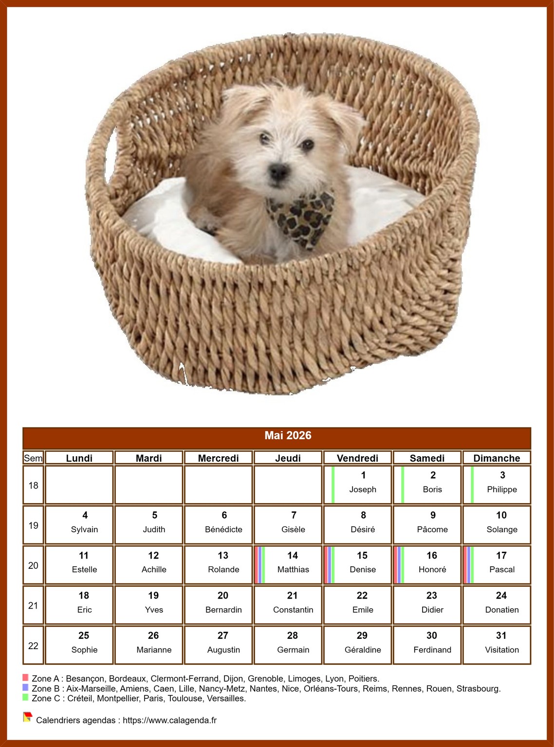 Calendrier mai 2026 chiens