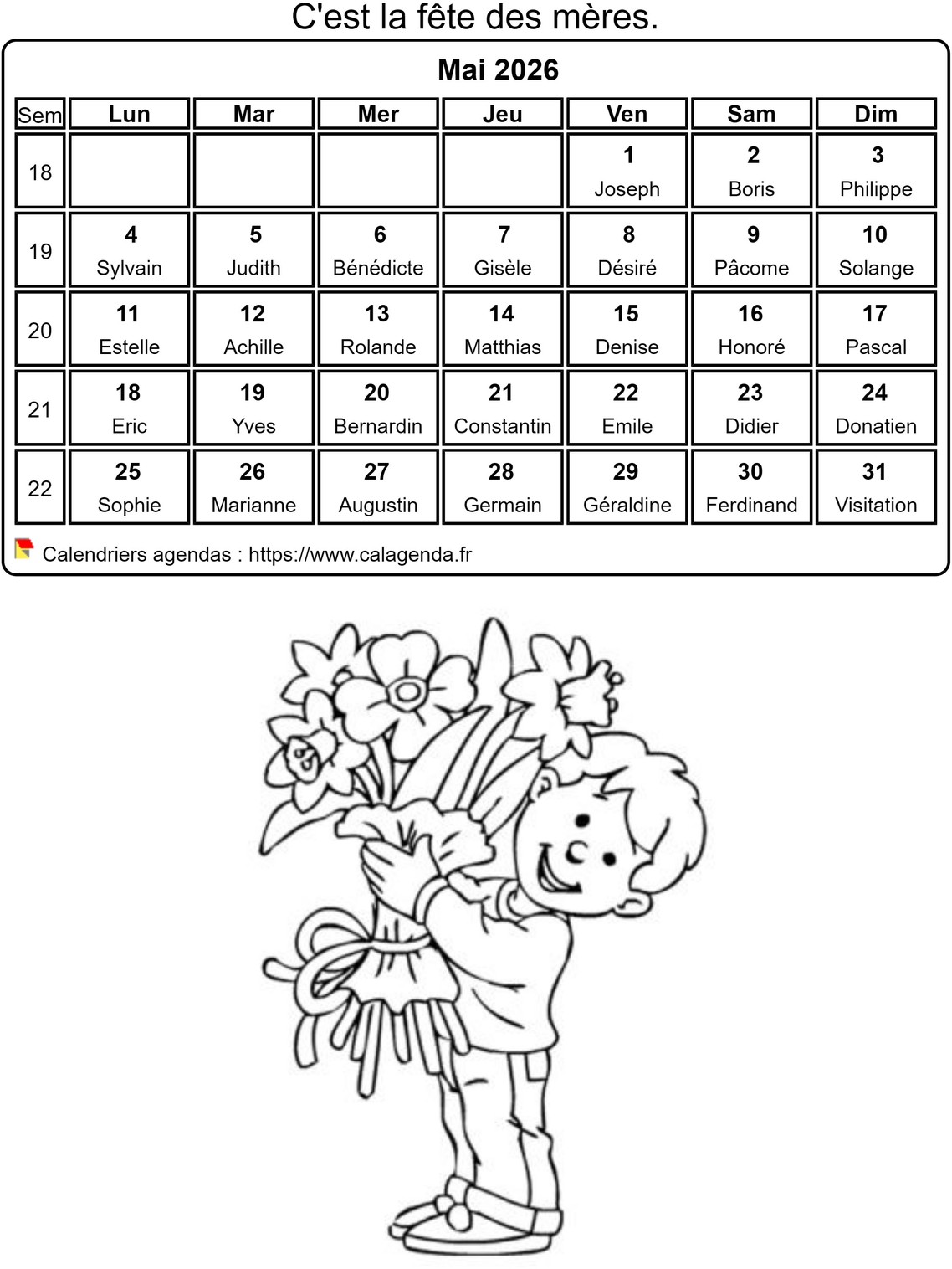 Calendrier 2026 à colorier du mois de mai