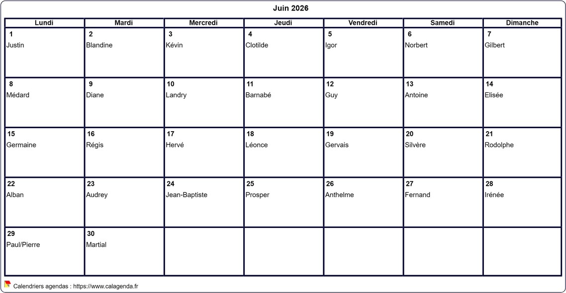 Calendrier juin 2026 à imprimer vierge, avec les fêtes Calendrier juin 2026 à imprimer vierge, avec les fêtes